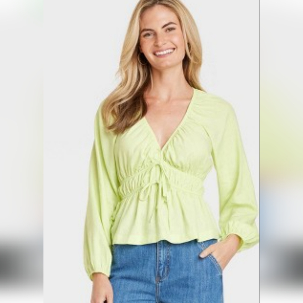 UNIVERSAL THREAD WOMEN'S DAYGLOW YELLOW/ GREEN PUFF SLEEVE BLOUSE. NWT/ XL